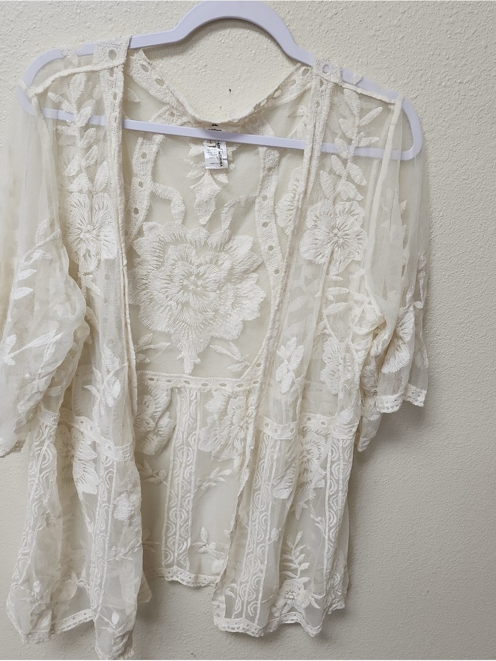 Sheer Lace Floral Kimono Cover-Up - Cream